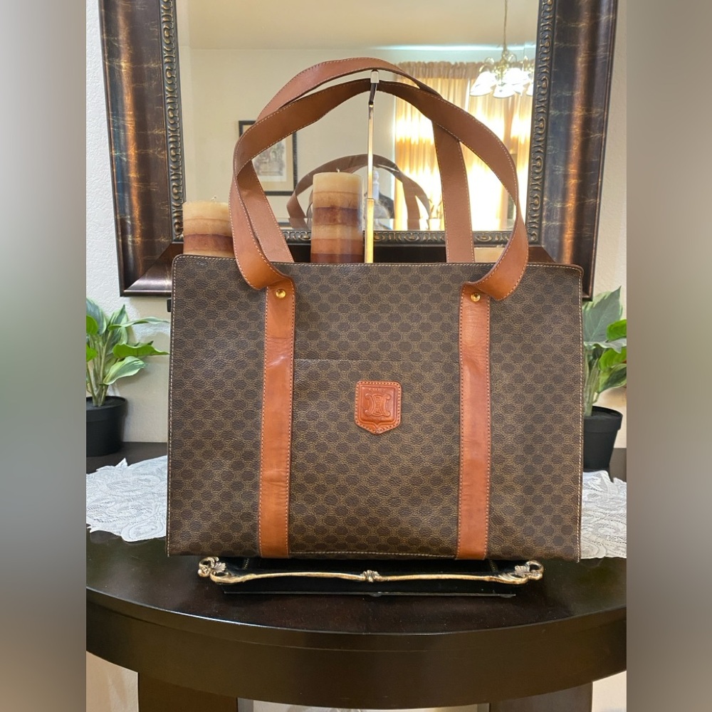 CELINE Paris Tote, Triomphe, Macadam Brn, Dark Brown, PVC, Leather,Vintage, Med